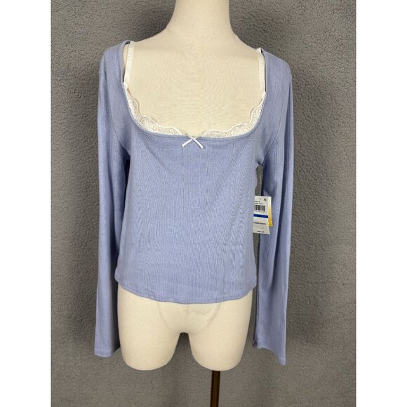Sugar Moon Tops - Sugar Moon Juniors' Womens Layered-Look Pointelle Knit Top Blue Size Large NWT's